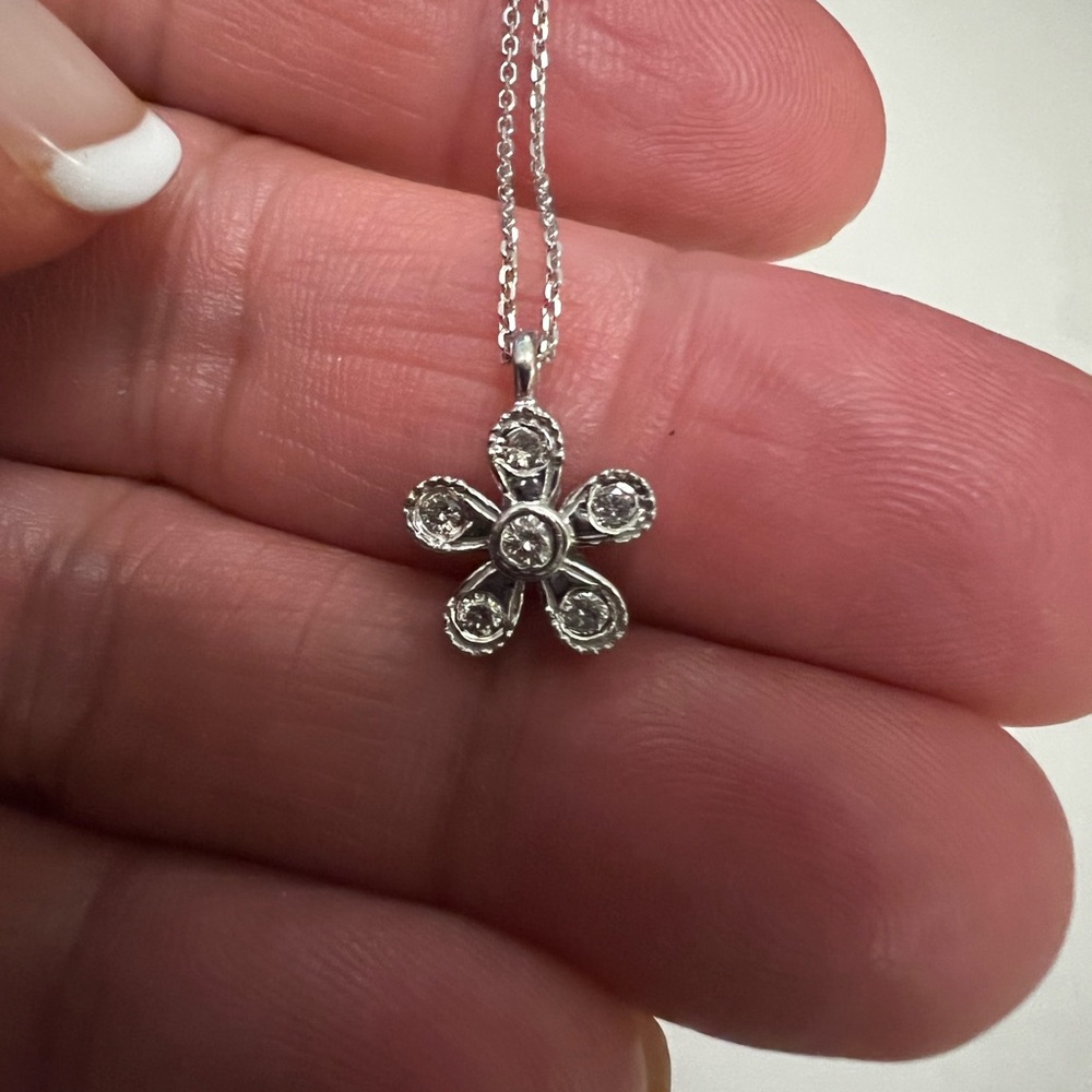 Petite 14k White gold Diamond Flower Pendant Necklace 18”